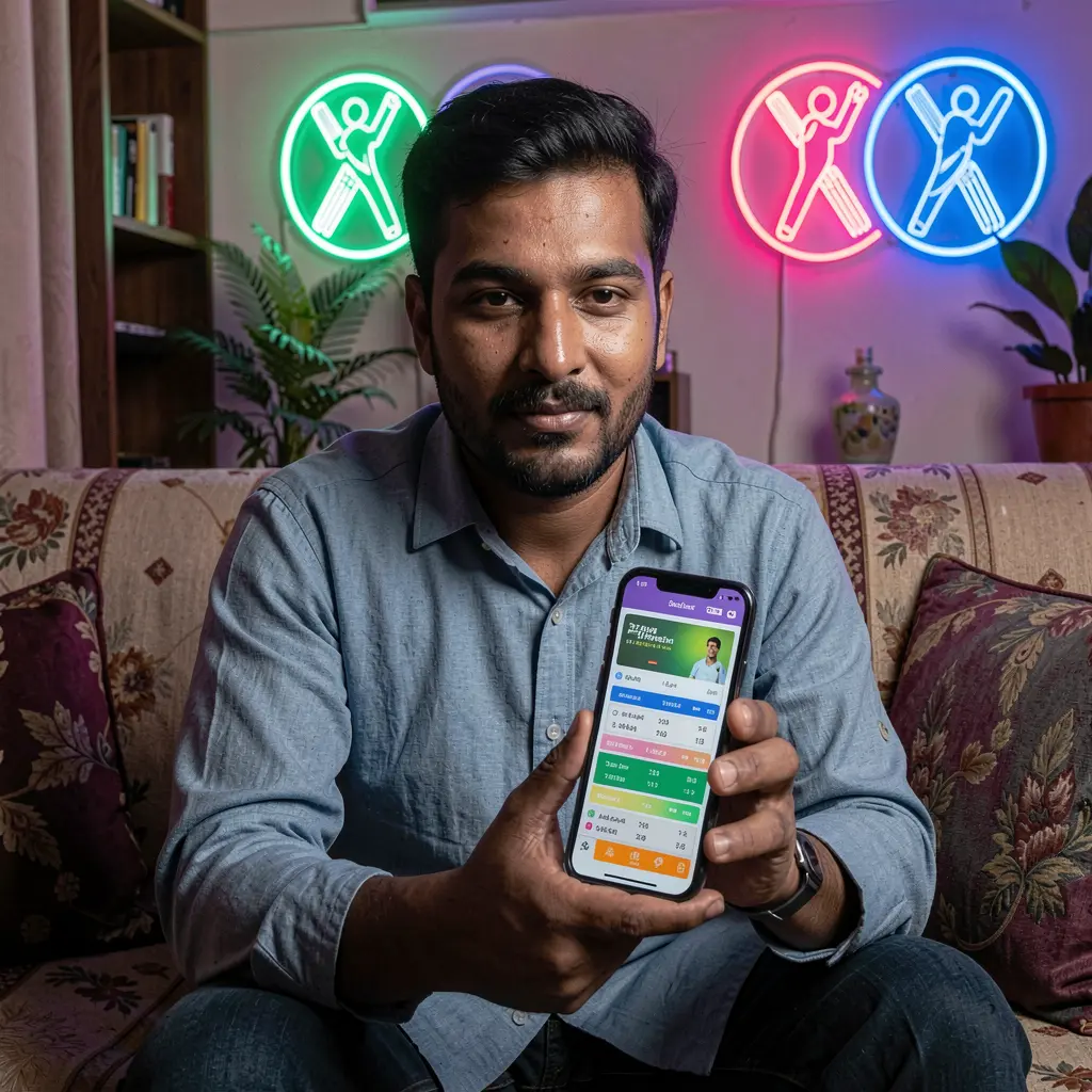 Confident Bangladeshi player using the 995BDT sports betting app with glowing cricket icons and neon lights in the background