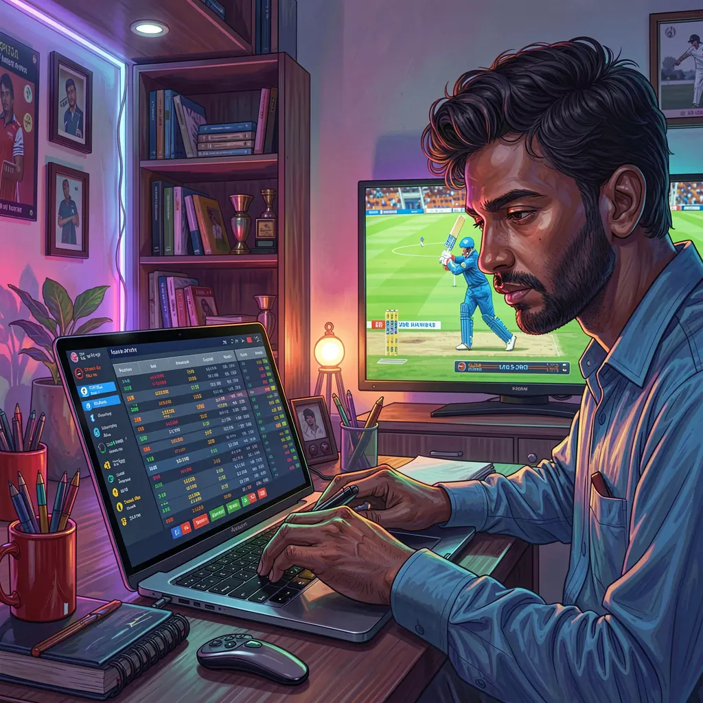 Focused Bangladeshi sports bettor placing online cricket bets on a laptop while watching a live match on TV using the 995BDT platform