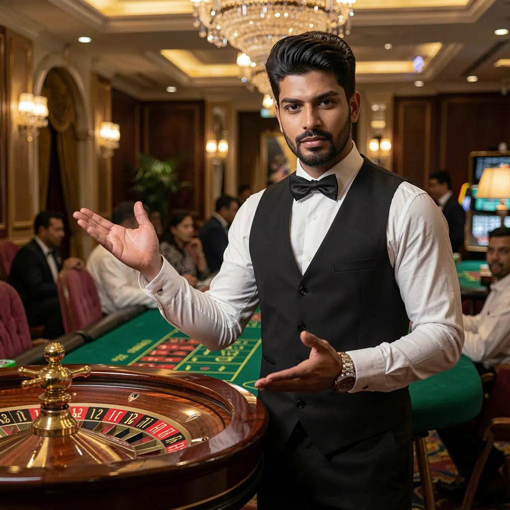 Elegant casino dealer standing by a roulette table in a luxurious gaming hall representing the premium live casino experience at 995BDT for players in Bangladesh