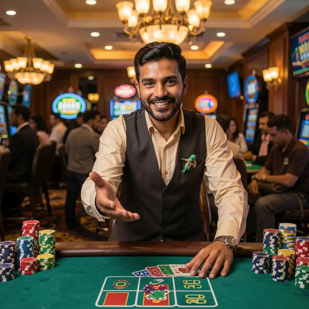 Professional casino representative from Bangladesh inviting players to join with dynamic poker chips and bright casino visuals behind him on 995BDT