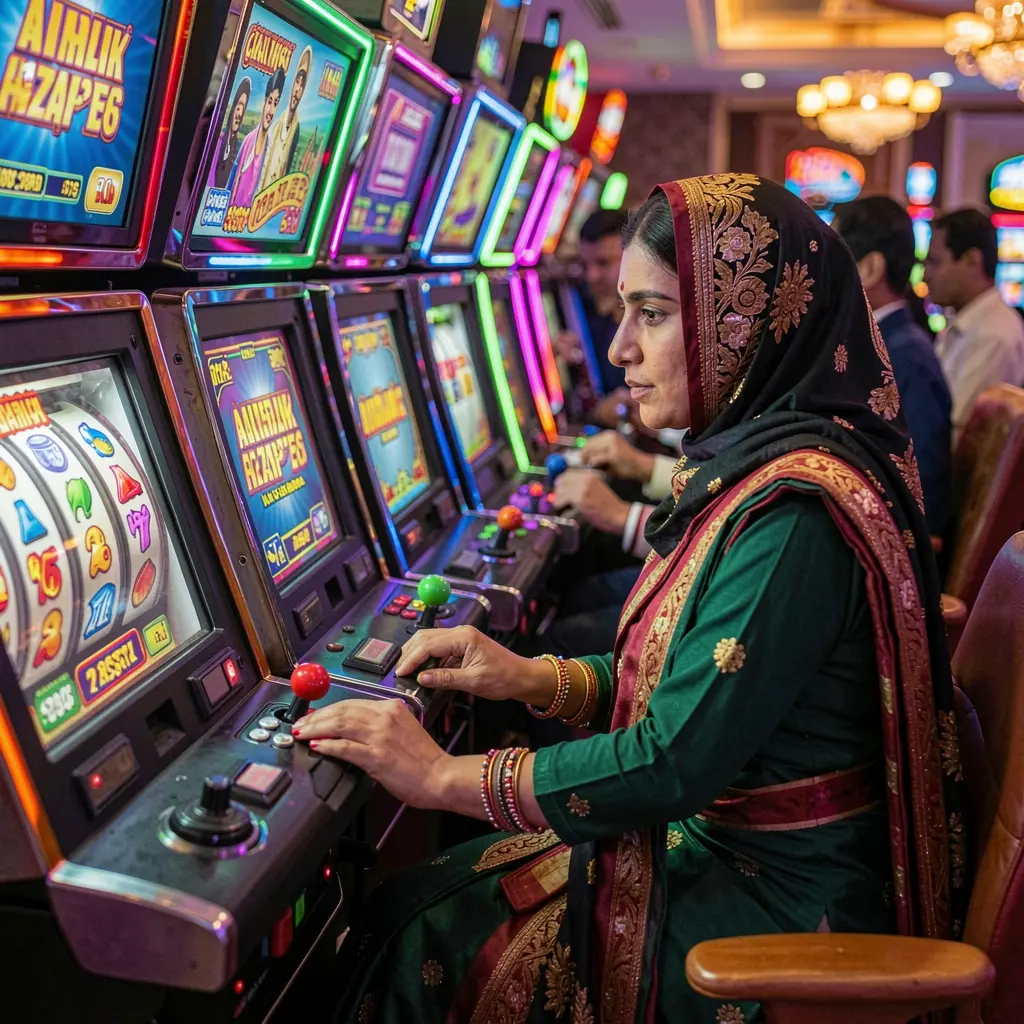 Confident Bangladeshi player enjoying advanced slot machines in a lively casino setting at 995BDT with bright lights and immersive gameplay